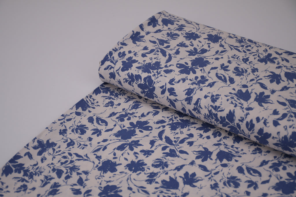 100% Bamboo Poplin Moonlight Petals Print - Classic Cobalt