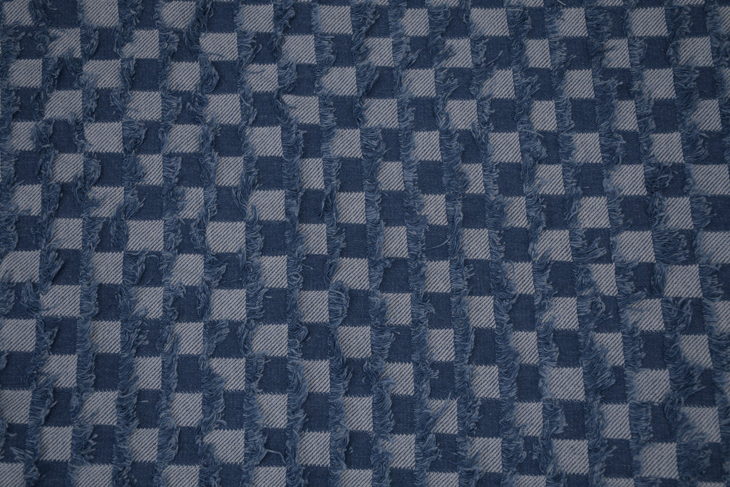 Washed Denim Jacquard Indigo Ladder Fray Checks Fabric