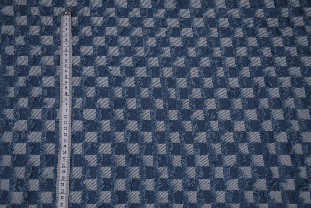 Washed Denim Jacquard Indigo Ladder Fray Checks Fabric