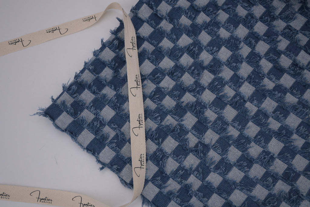 Washed Denim Jacquard Indigo Ladder Fray Checks Fabric