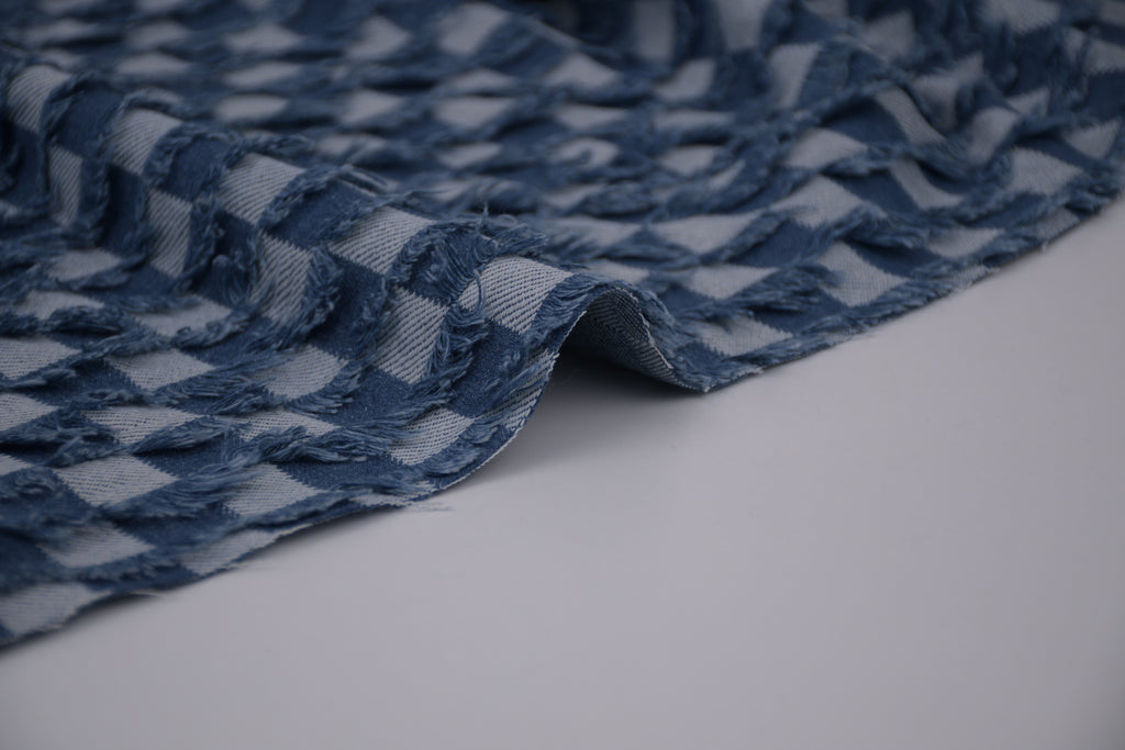 Washed Denim Jacquard Indigo Ladder Fray Checks Fabric