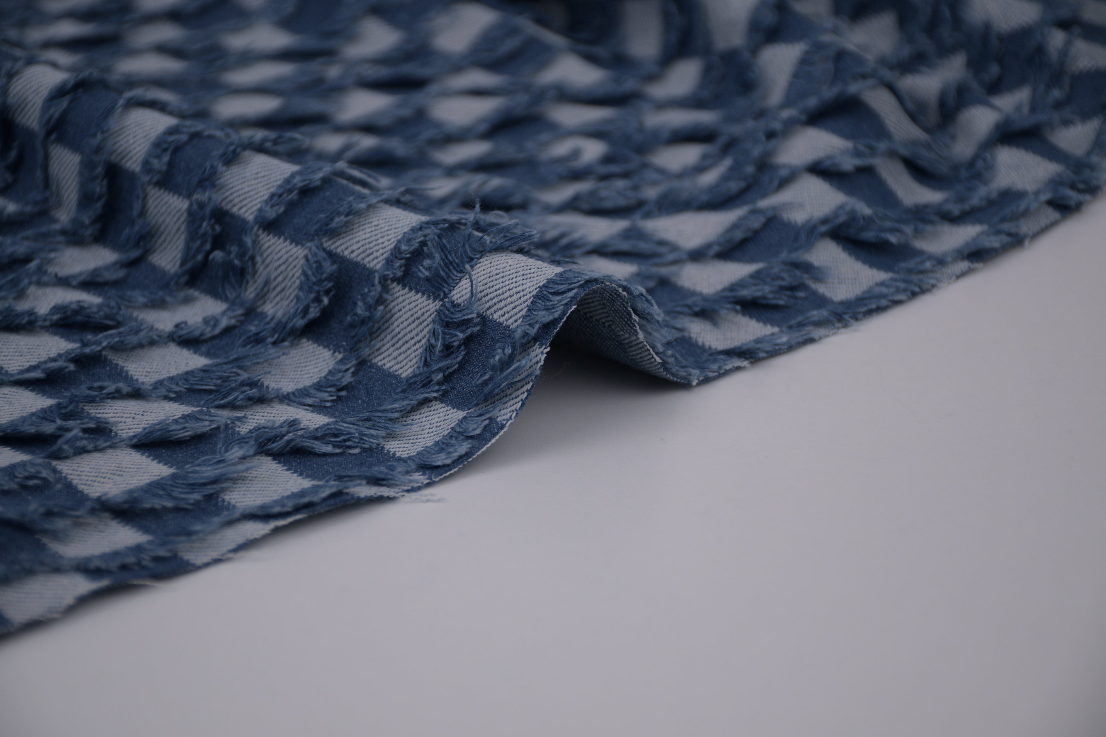 Washed Denim Jacquard Indigo Ladder Fray Checks Fabric
