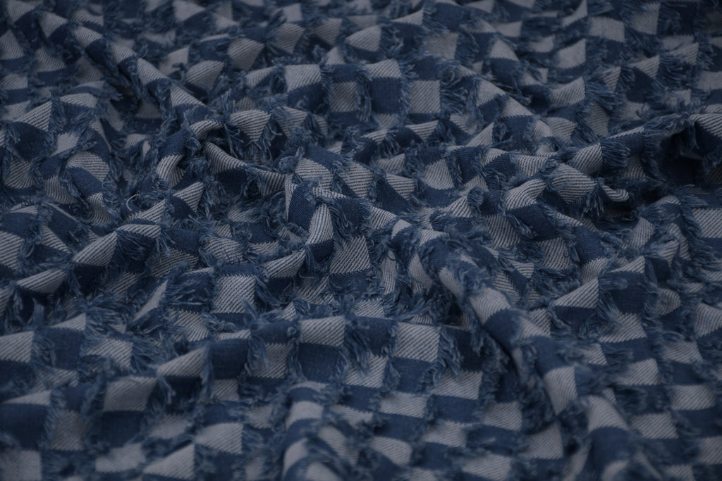 Washed Denim Jacquard Indigo Ladder Fray Checks Fabric
