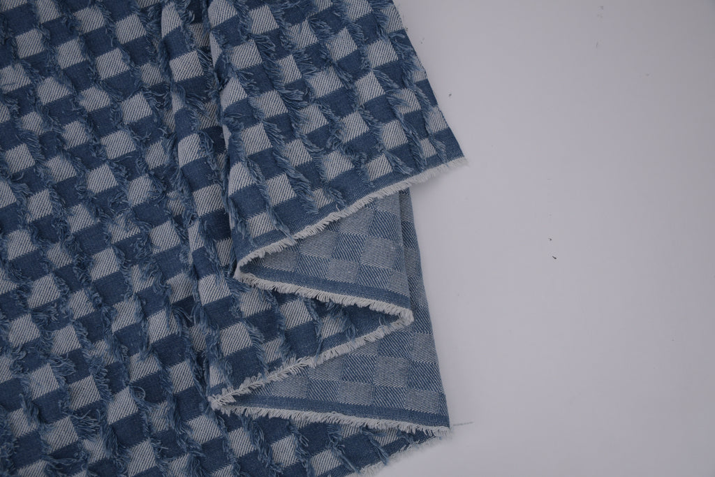 Washed Denim Jacquard Indigo Ladder Fray Checks Fabric