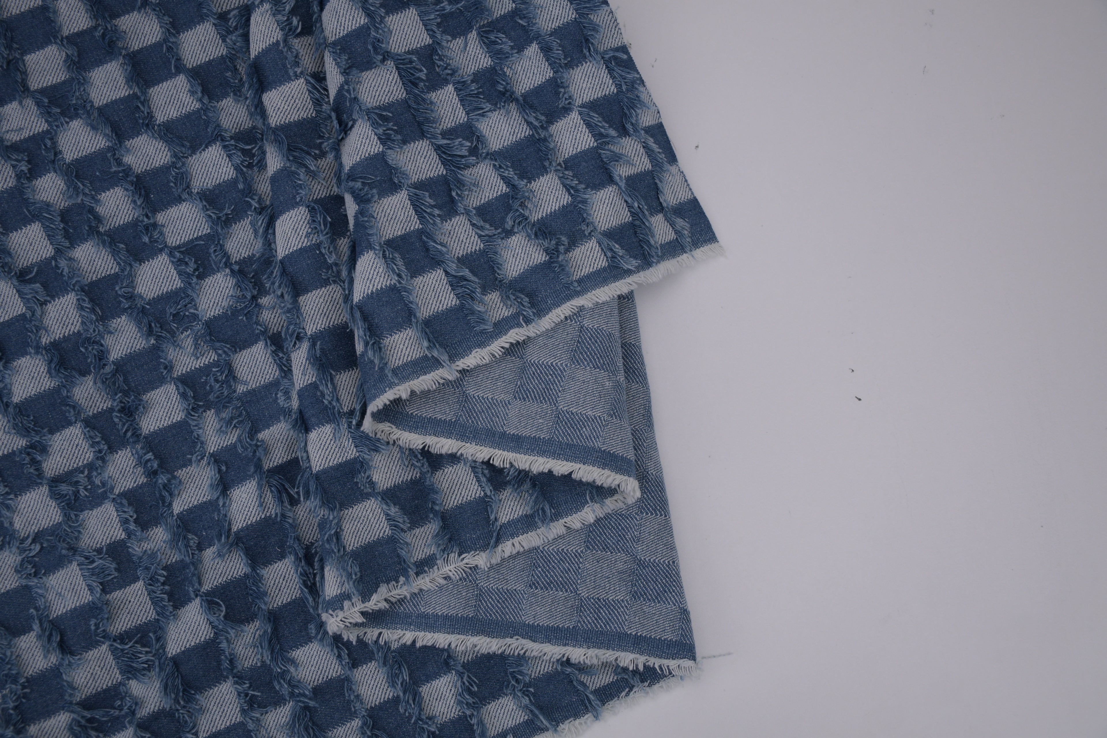 Washed Denim Jacquard Indigo Ladder Fray Checks Fabric