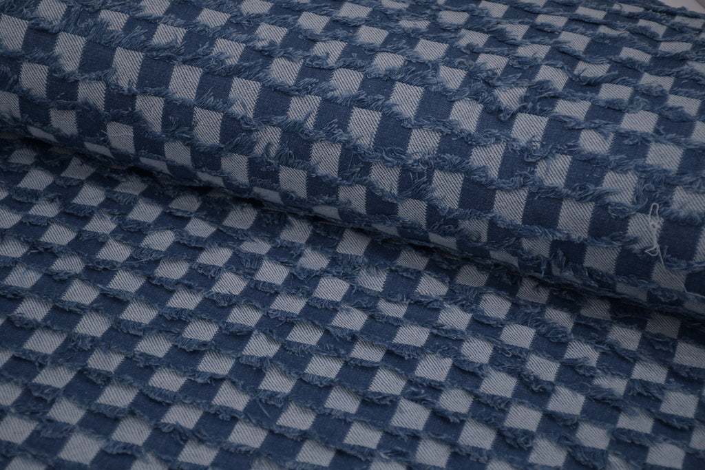 Washed Denim Jacquard Indigo Ladder Fray Checks Fabric