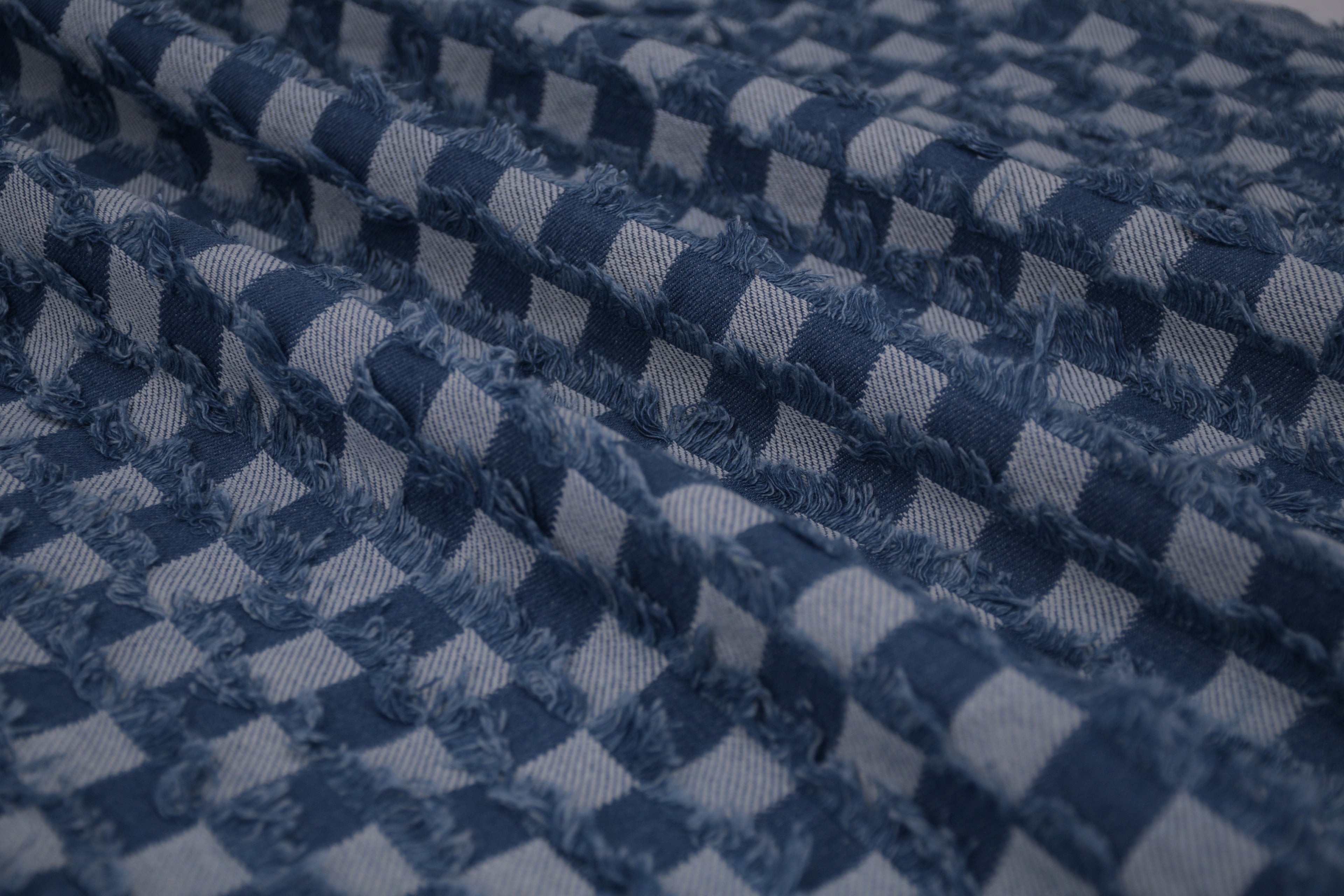 Washed Denim Jacquard Indigo Ladder Fray Checks Fabric