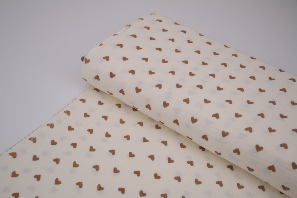 100% Cotton Muslin Double Gauze Print - Cocoa Hearts