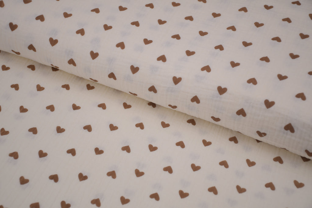 100% Cotton Muslin Double Gauze Print - Cocoa Hearts