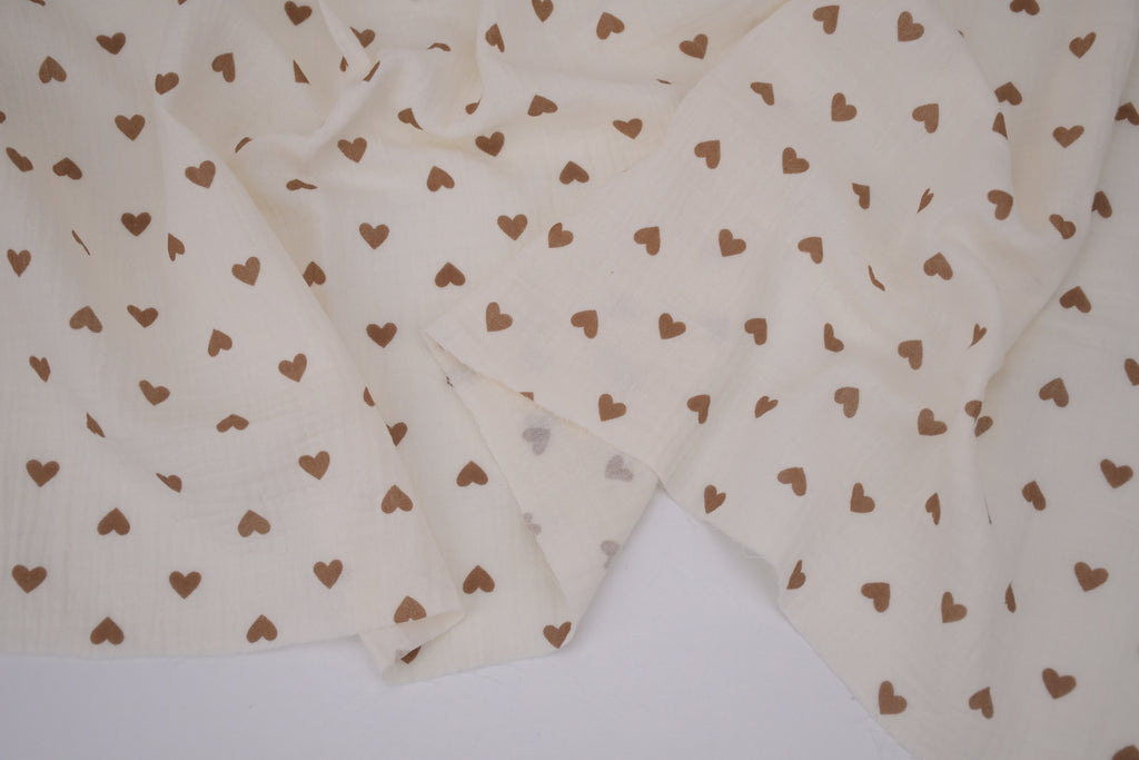 100% Cotton Muslin Double Gauze Print - Cocoa Hearts