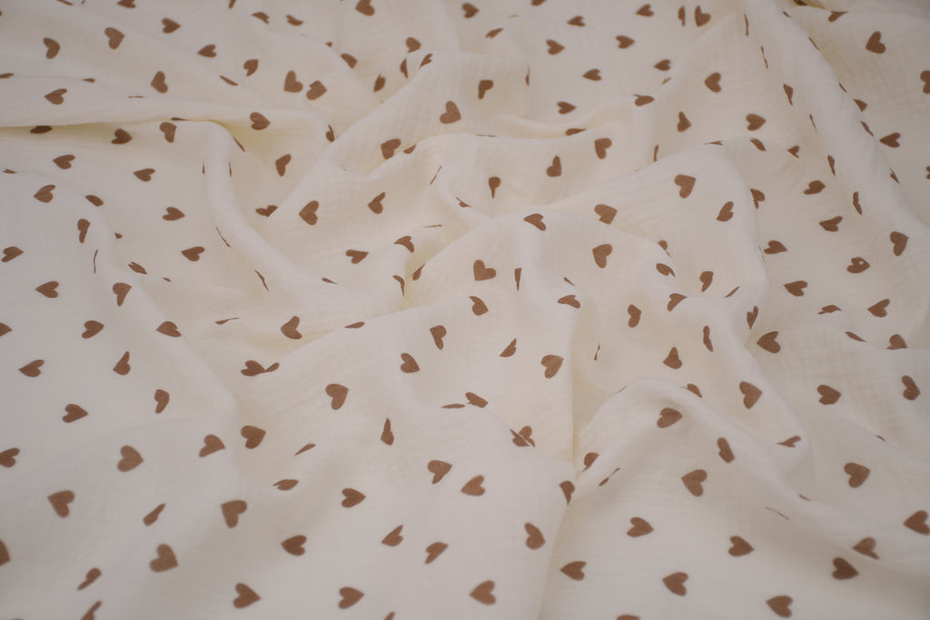 100% Cotton Muslin Double Gauze Print - Cocoa Hearts