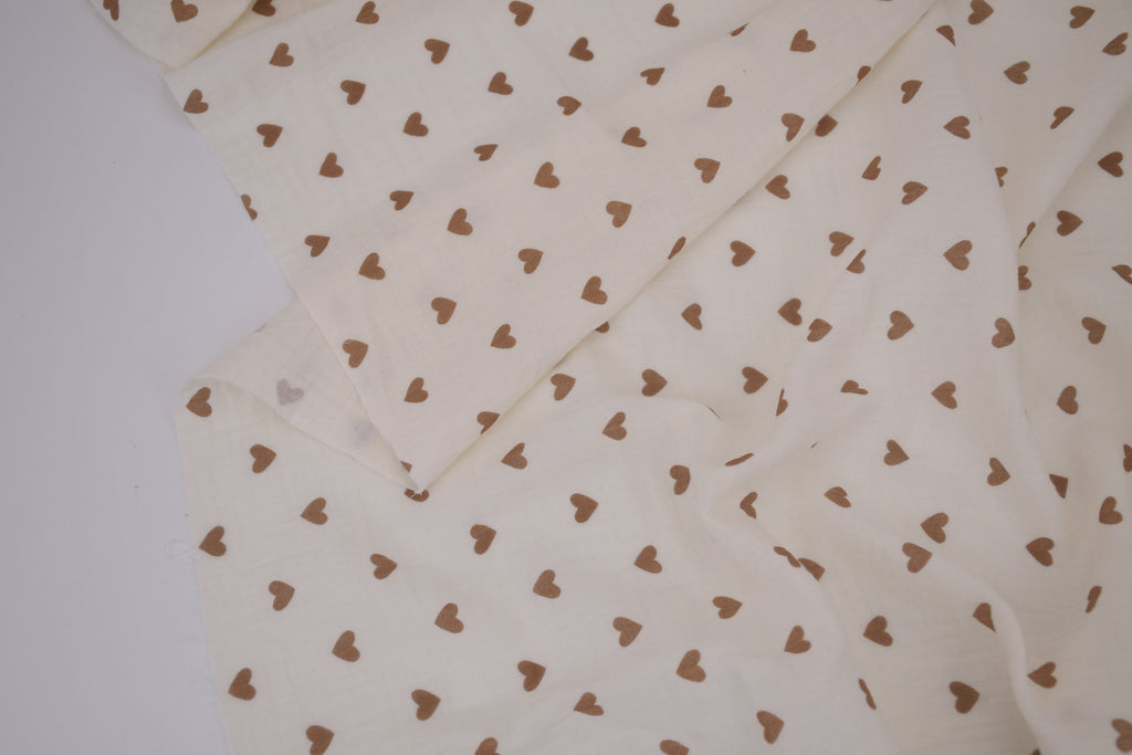 100% Cotton Muslin Double Gauze Print - Cocoa Hearts