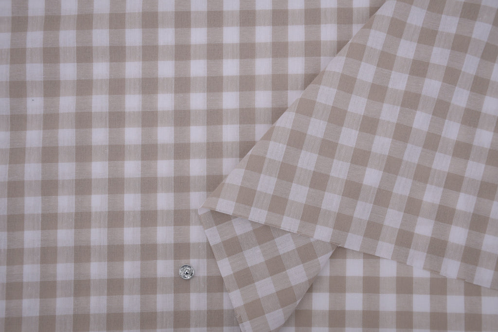 Gingham Checks Yarn-Dyed Cotton Fabric - Almond