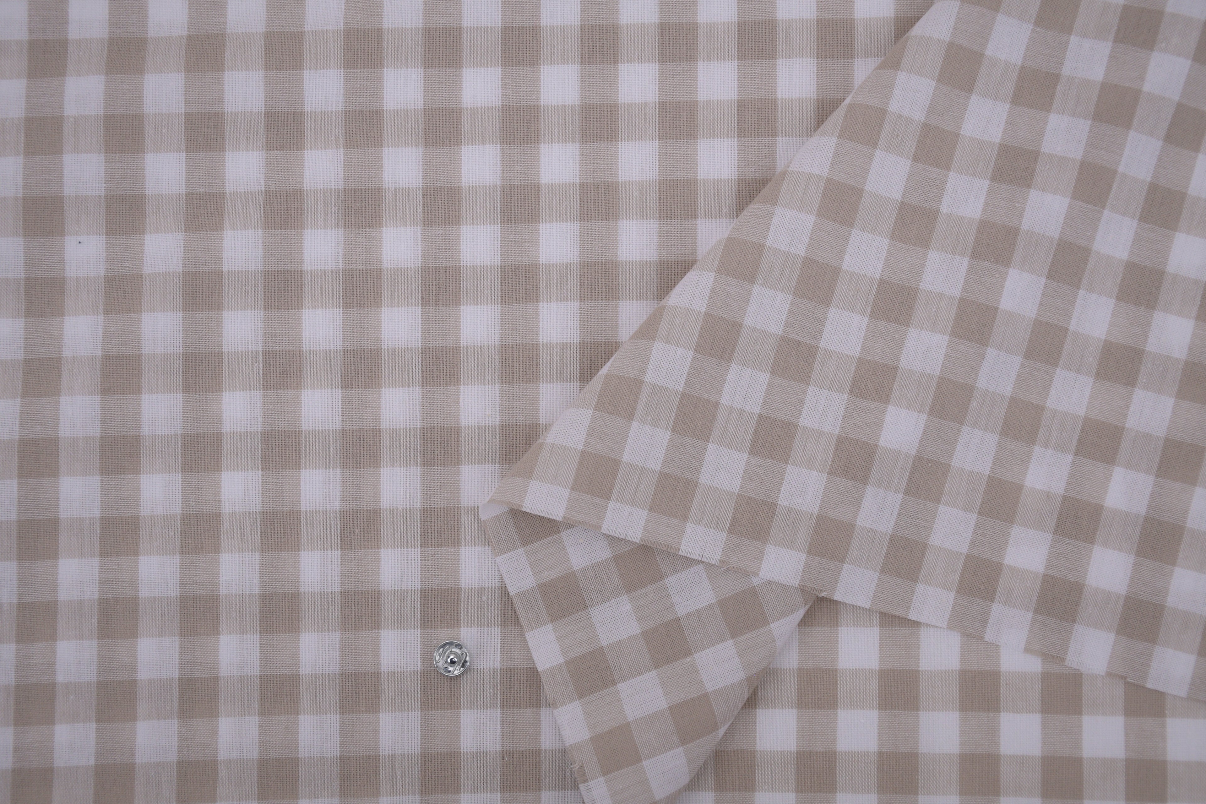 Gingham Checks Yarn-Dyed Cotton Fabric - Almond