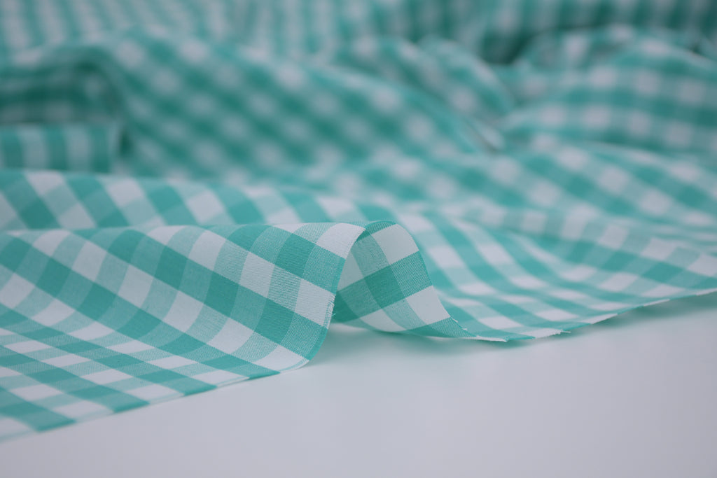 Gingham Checks Yarn-Dyed Cotton Fabric - Aqua Green
