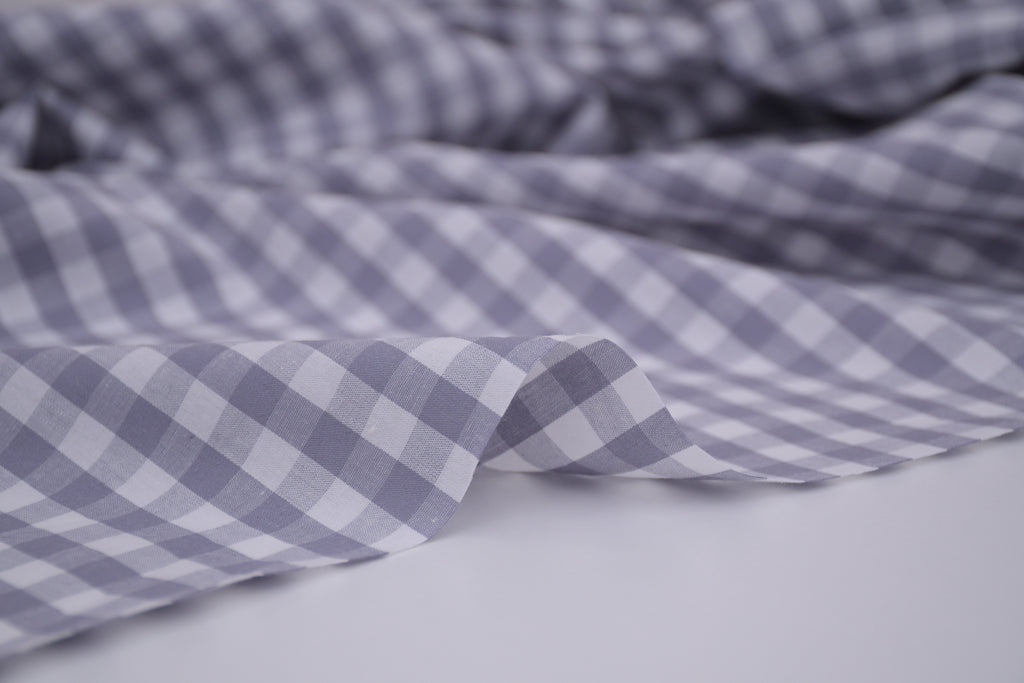 Gingham Checks Yarn-Dyed Cotton Fabric -  Pebble Grey