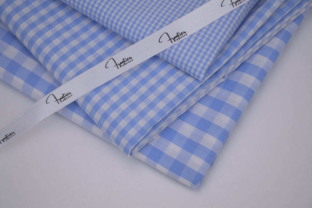 Gingham Checks Yarn-Dyed Cotton Fabric -  Sky
